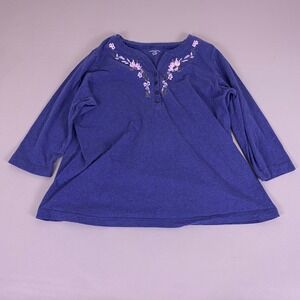 Laura Scott Tunic Top Plus 20W/22W Blue Floral Embroidered Henley 3/4 Sleeve